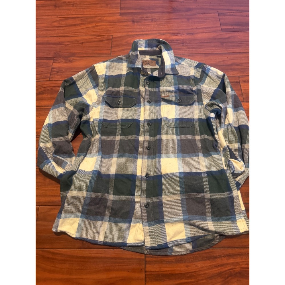 Orvis Mens Plaid Flannel Shirt Jacket Blue Green Cream Pockets Large L/G - Picture 2 of 11